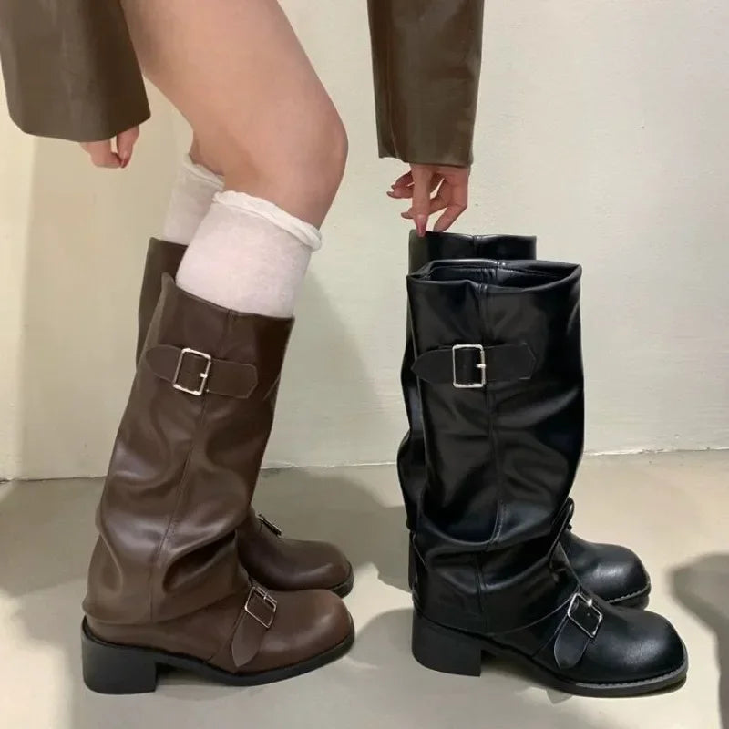 Women's Knee-High Boots Buckle Detail Block Heel Moto Biker Fall Winter
