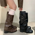 Women's Knee-High Boots Buckle Detail Block Heel Moto Biker Fall Winter