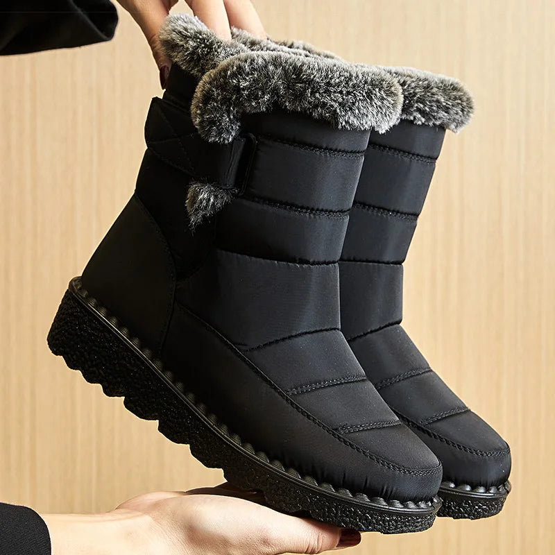 Women's Waterproof Snow Boots Mid-Calf Fur Lined Winter Boots Slip-On Warm