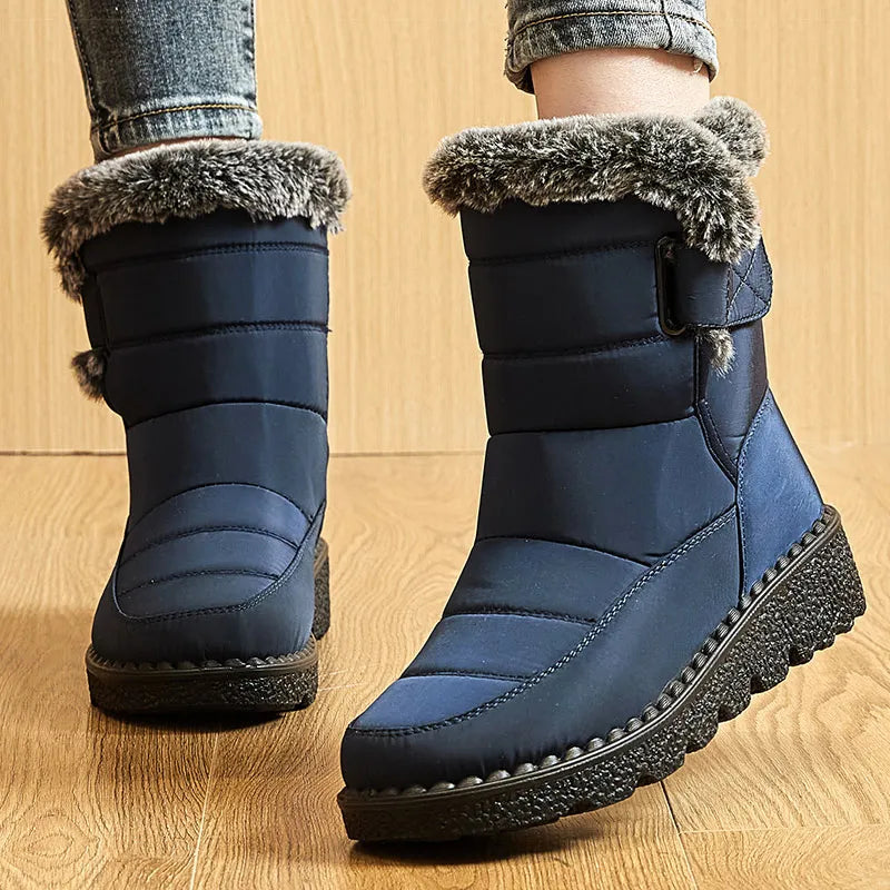 Women's Waterproof Snow Boots Mid-Calf Fur Lined Winter Boots Slip-On Warm