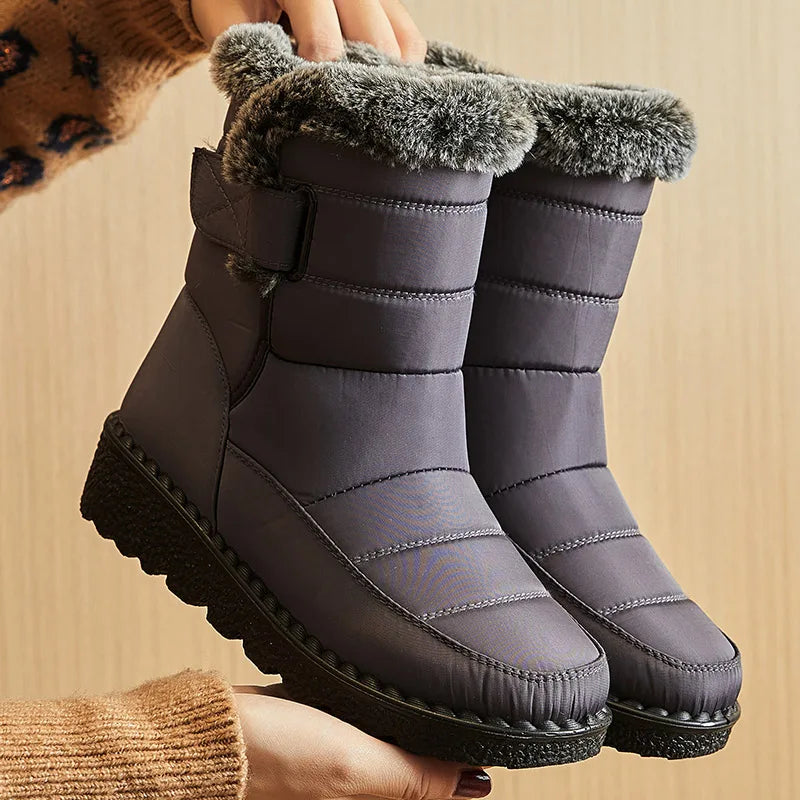 Women's Waterproof Snow Boots Mid-Calf Fur Lined Winter Boots Slip-On Warm