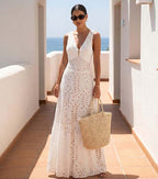 Women's V-Neck Laser Cut Floral Hollow-Out One-Piece Swimsuit & Long Skirt Set Beach Vacation Resort Pool Party Cruise Honeymoon – White