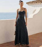 Women's Black Laser Cut Hollow-Out One-Piece Swimsuit & Long Skirt Set Scalloped V-Neck Beach Vacation Resort Pool Party Cruise – Black