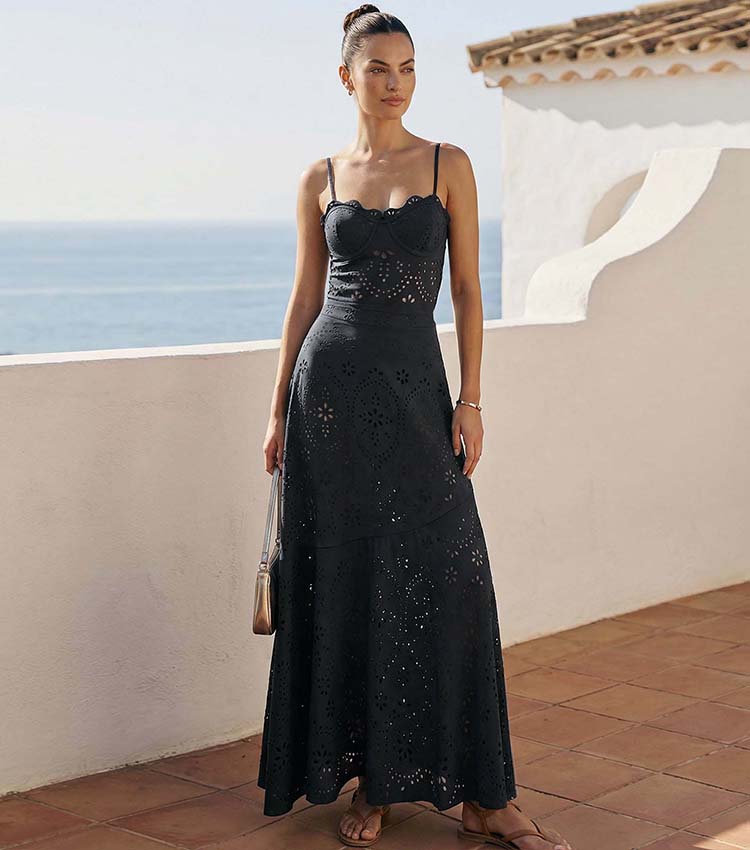 Women's Black Laser Cut Hollow-Out One-Piece Swimsuit & Long Skirt Set Scalloped V-Neck Beach Vacation Resort Pool Party Cruise – Black